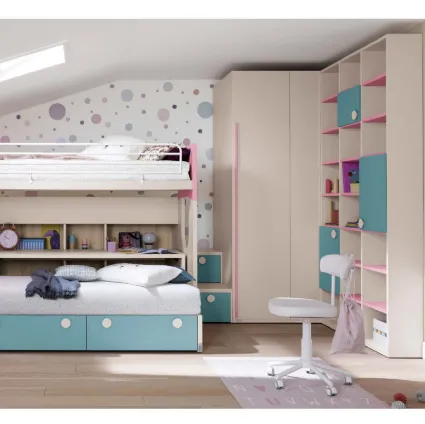 Cameretta in melaminico e laccato azzurro e rosa Alpha Letto a Castello B030 di Doimo Cityline