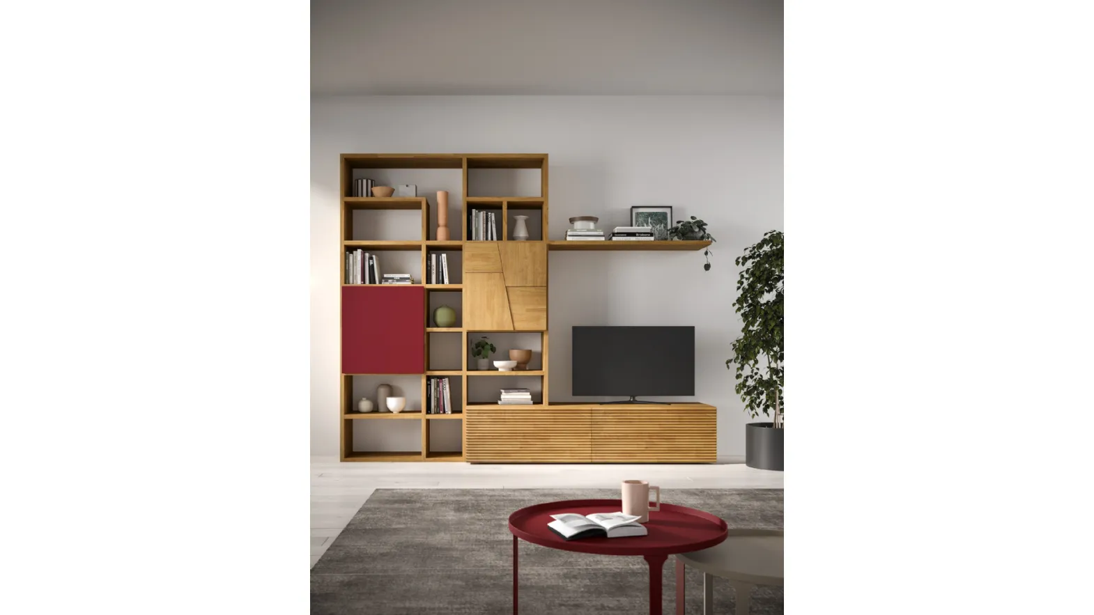 Libreria a muro in legno e laccato Mixer 01B di FGF Mobili