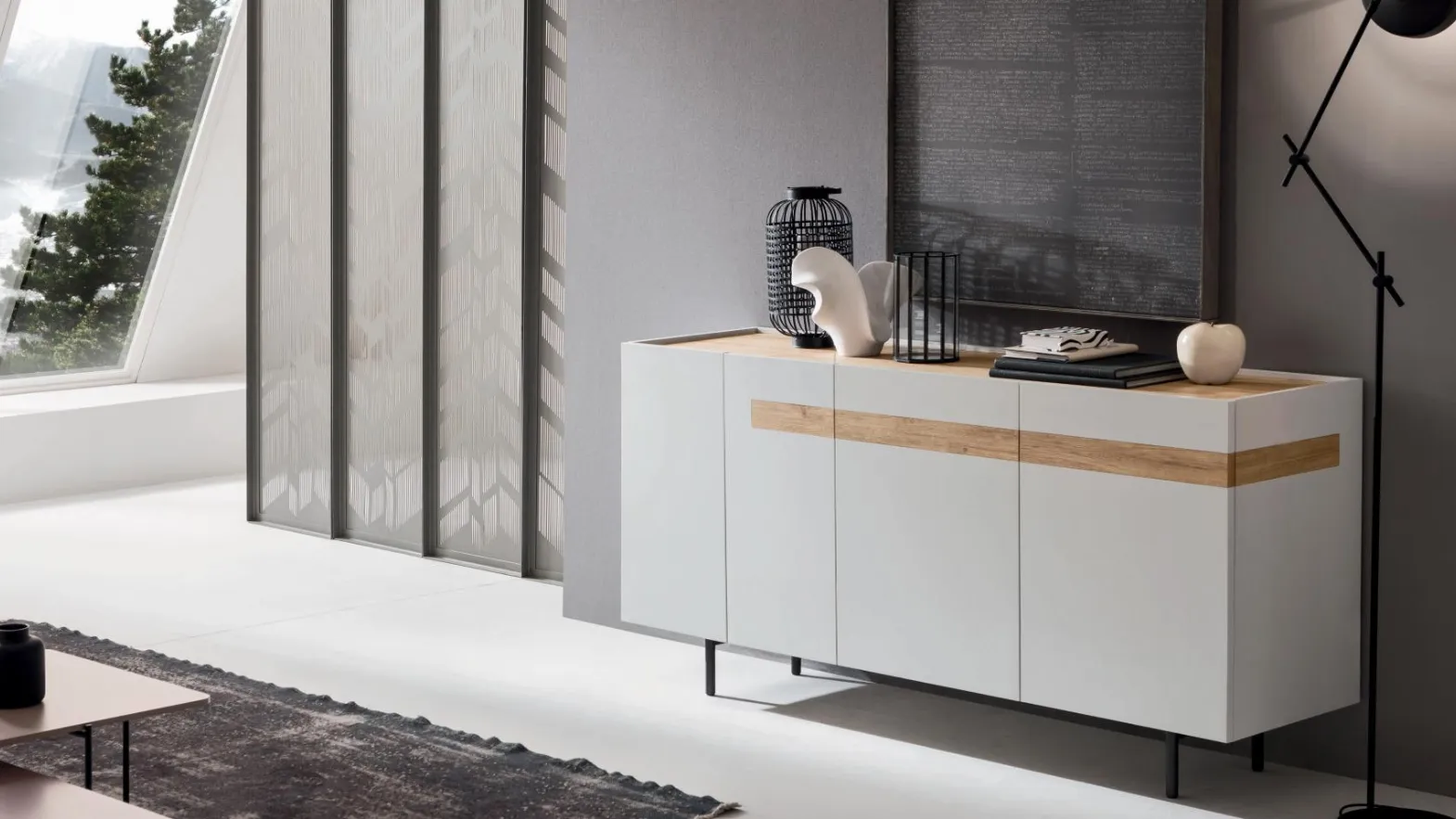 Madia Gilda GL002 finitura Bianco con top e inserto in Rovere Nodato di Maronese Acf