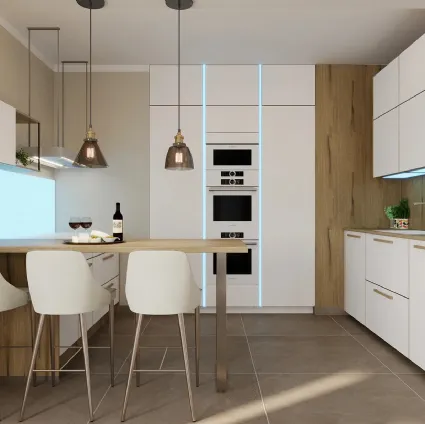 Cucina Moderna con penisola Flair in laccato e rovere di Life Cucine