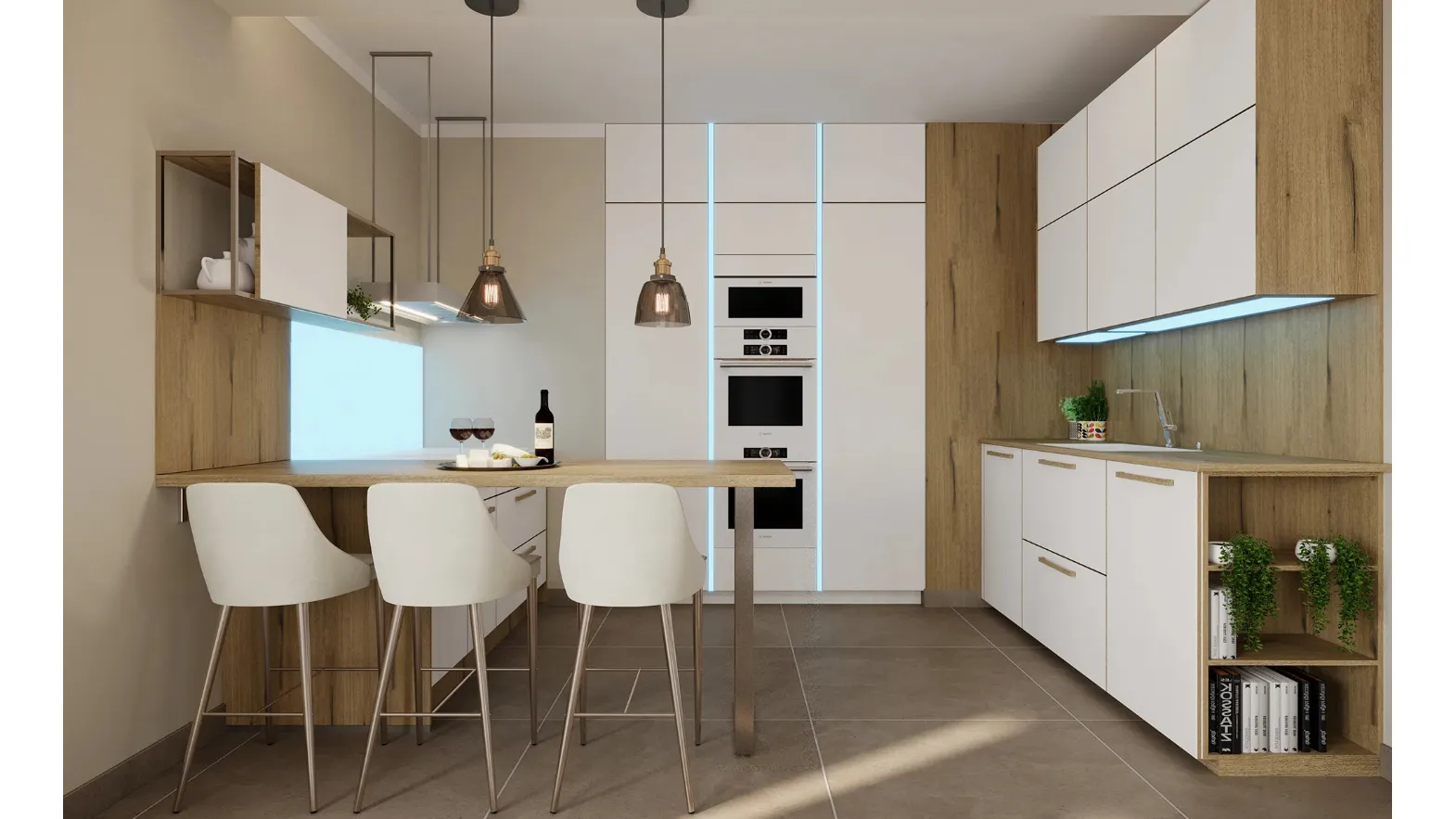 Cucina Moderna con penisola Flair in laccato e rovere di Life Cucine