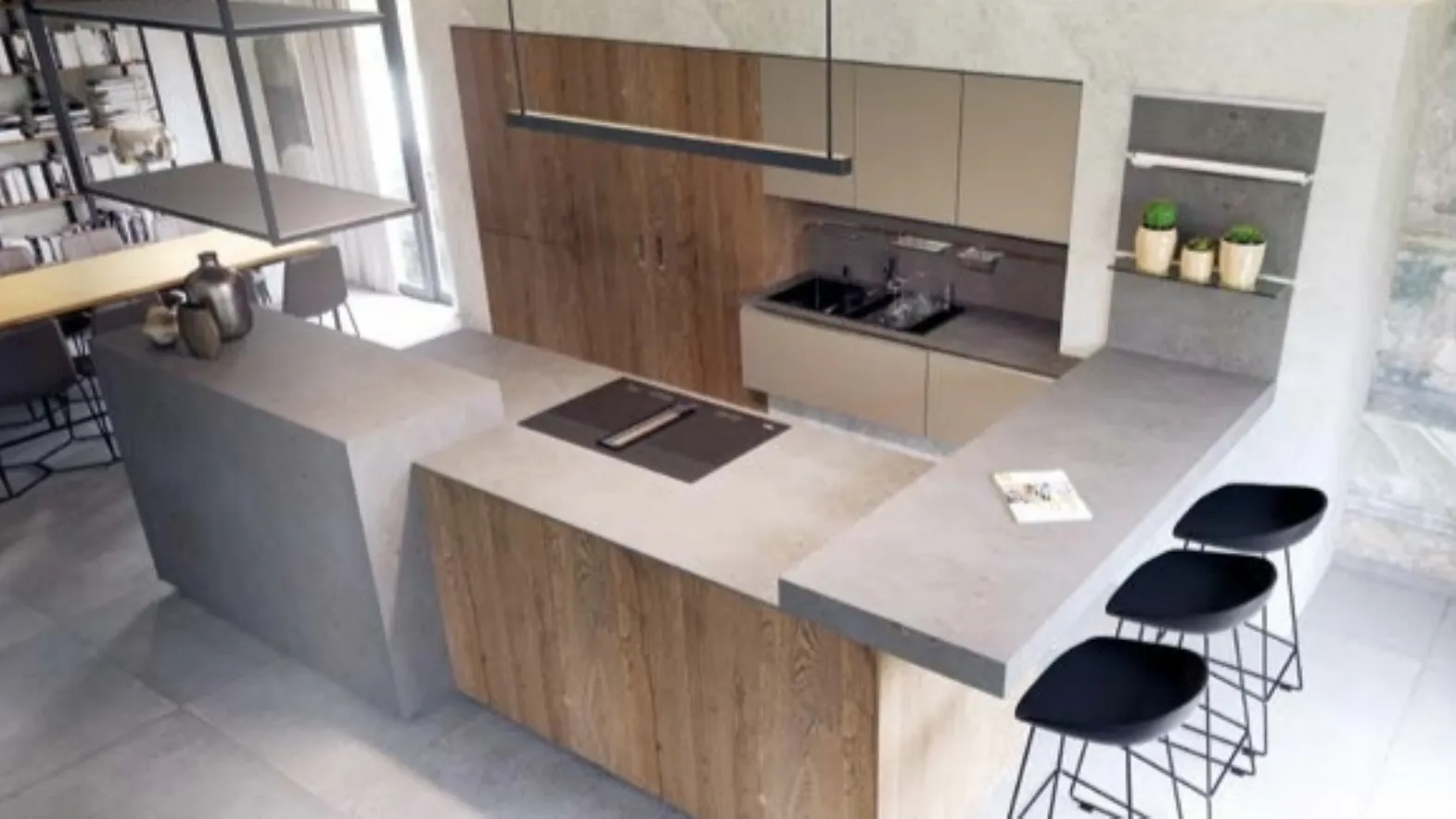 Cucina Moderna con penisola in legno di rovere, cemento e laccato opaco Legno di Life Cucine