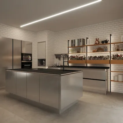 Cucina Moderna con isola Steel con finitura effetto acciaio di Life Cucine