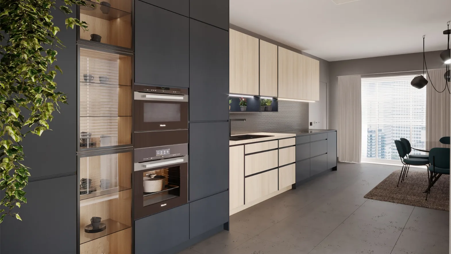 Cucina Moderna in linea in laccato e effetto rovere Tatto Soft Antracite di Life Cucine