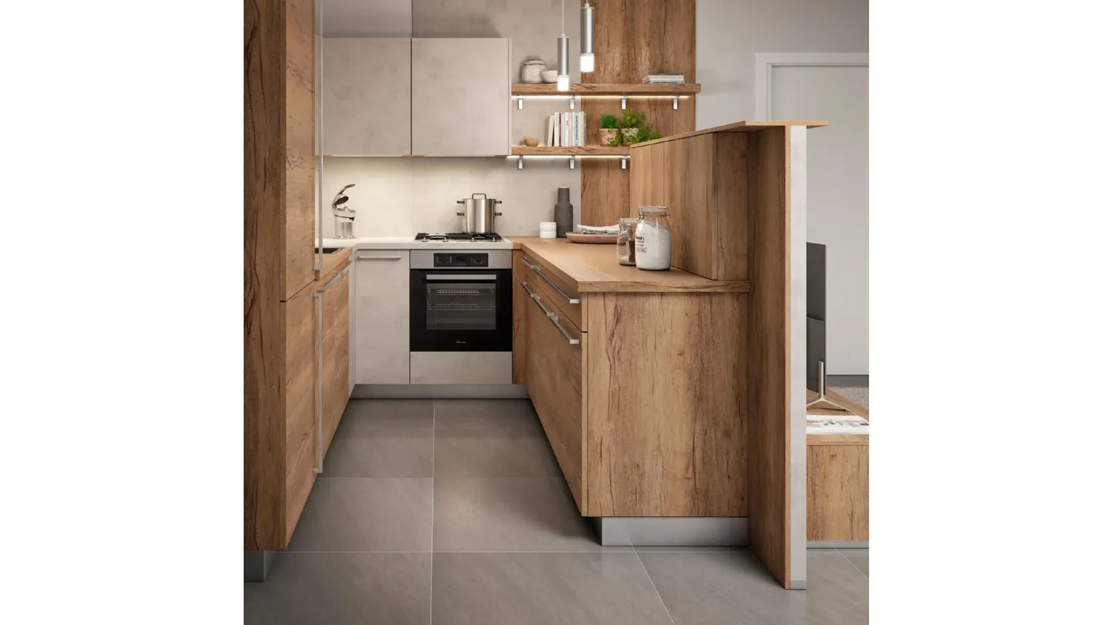 Cucina Moderna in legno e cemento ad angolo Trama di Life Cucine